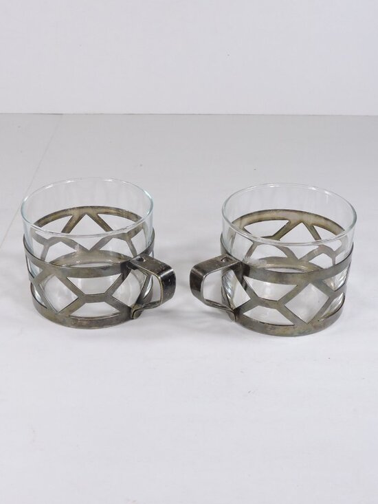Duralex Other - 2 Duralex Tempered Glass Cups In Silver Tone Metal Holders - France - Coffee Tea